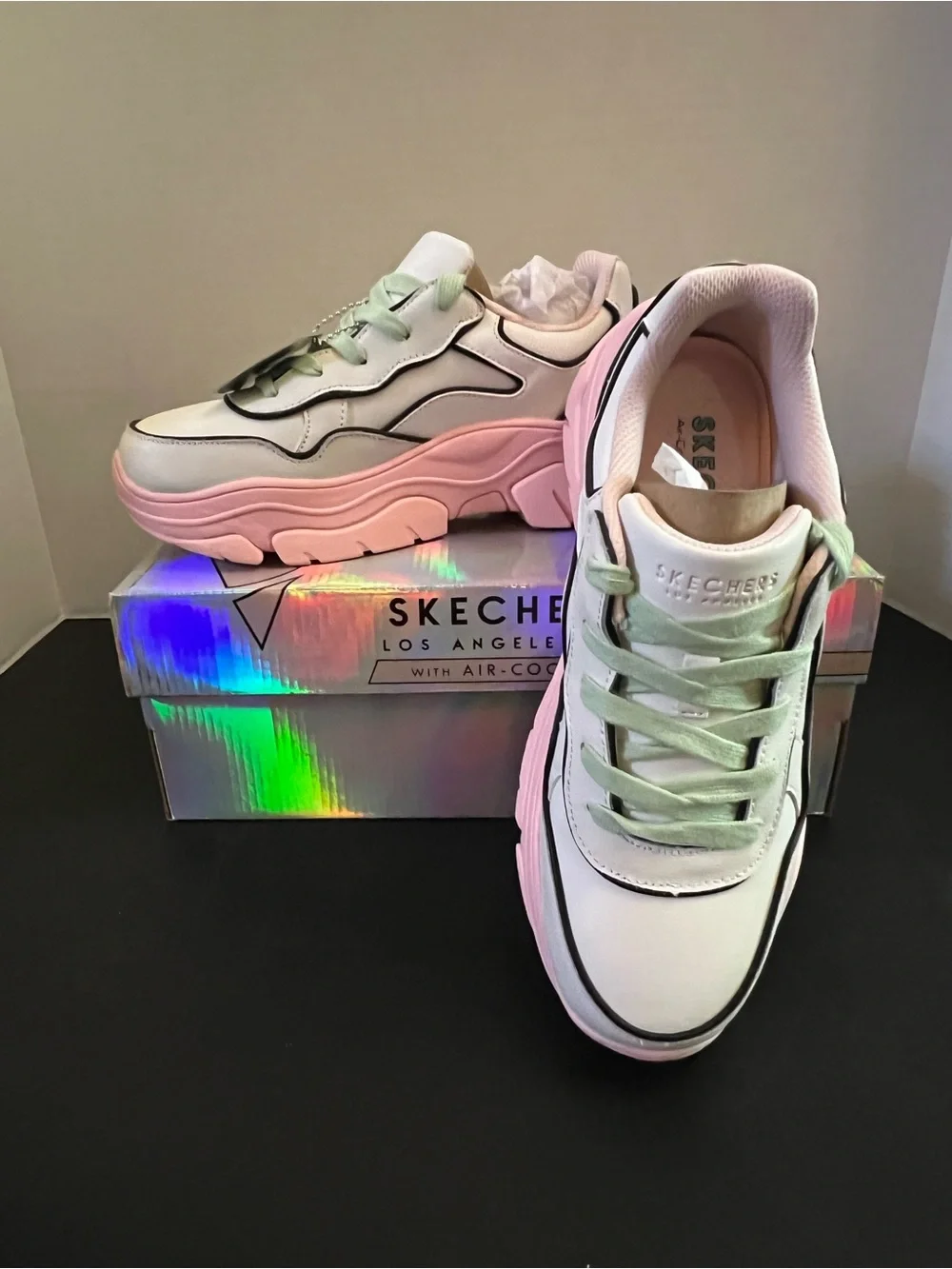 Skechers Platform Sneakers in White, Pink & Mint